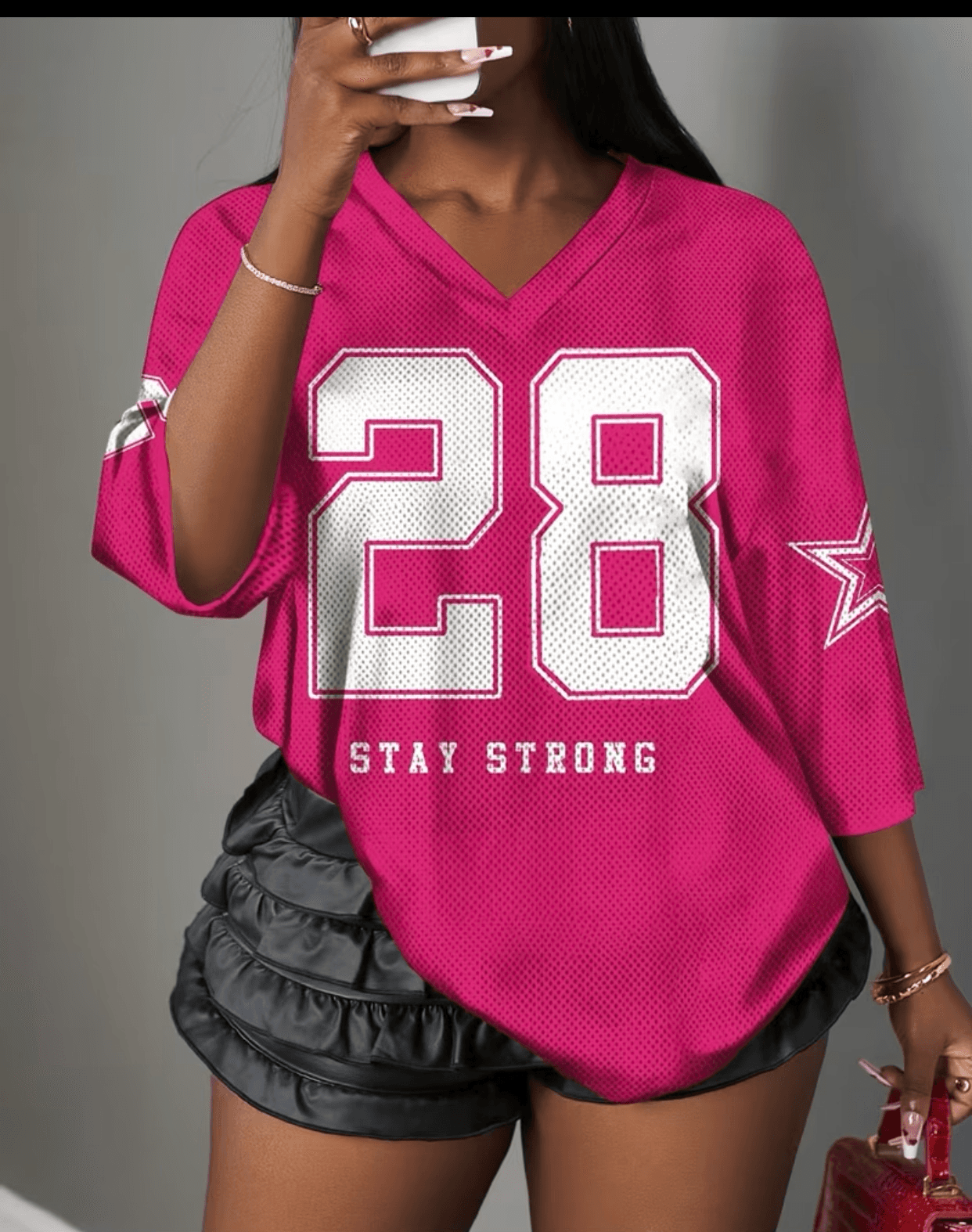 Pink “Stay Strong 28” Oversized Jersey Tee